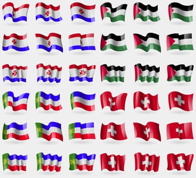 Mordovia, Palestine, Khakassia, Switzerland. Set of 36 flags of the countries of the world. illustration