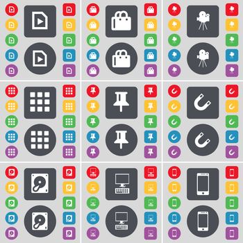 File, Shopping bag, Film camera, Apps, Pin, Magnet, Hard drive, PC, Smartphone icon symbol. A large set of flat, colored buttons for your design. illustration