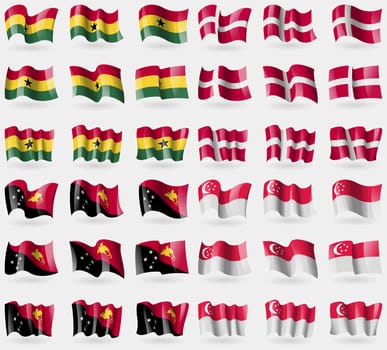 Ghana, Denmark, Papua New Guinea, Singapore. Set of 36 flags of the countries of the world. illustration
