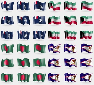 French and Antarctic, Kuwait, Bangladesh, American Samoa. Set of 36 flags of the countries of the world. illustration