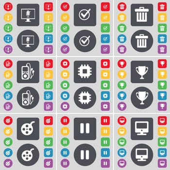 Monitor, Tick, Trash can, MP3 player, Processor, Cup, Videotape, Pause, Monitor icon symbol. A large set of flat, colored buttons for your design. illustration