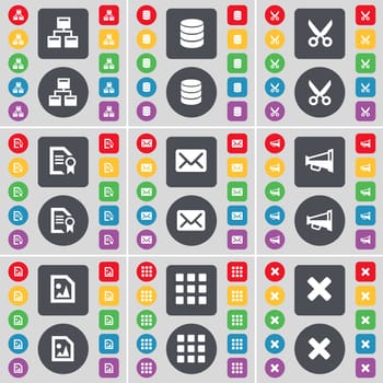 Network, Database, Scissors, File, Message, Megaphone, Apps, Stop icon symbol. A large set of flat, colored buttons for your design. illustration