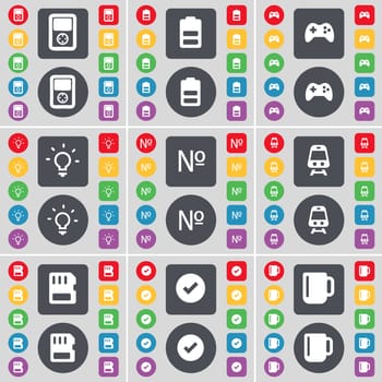 Player, Battery, Gamepad, Light bulb, Number, Train, SIM card, Tick, Cup icon symbol. A large set of flat, colored buttons for your design. illustration