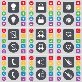 Light bulb, Lock, Pizza, Smartphone, Medal, Heart, Receiver, Sound, Microphone connector icon symbol. A large set of flat, colored buttons for your design. illustration