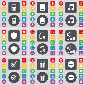 Mobile phone, Battery, Note, Badge, File, Volume, Tick, Gift, Minus icon symbol. A large set of flat, colored buttons for your design. illustration