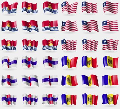 Kiribati, Liberia, Netherlands Antilles, Moldova. Set of 36 flags of the countries of the world. illustration