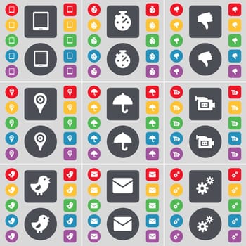 Tablet PC, Stopwatch, Dislike, Checkpoint, Umbrella, Film camera, Bird, Message, Gear icon symbol. A large set of flat, colored buttons for your design. illustration