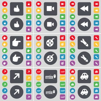 Like, Film camera, Rewind, Hand, Videotape, Rocket, Full screen, Keyboard, Car icon symbol. A large set of flat, colored buttons for your design. illustration