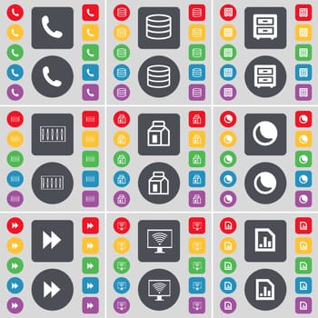 Receiver, Database, Bad-table, Equalizer, Packing, Moon, Rewind, Monitor, Graph file icon symbol. A large set of flat, colored buttons for your design. illustration