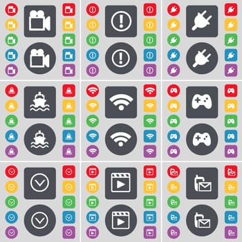 Film camera, Exclamation mark, Socket, Ship, Wi-Fi, Gamepad, Arrow down, Media player, SMS icon symbol. A large set of flat, colored buttons for your design. illustration
