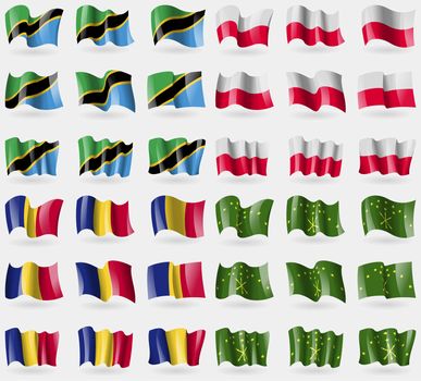 Tanzania, Poland, Romania, Adygea. Set of 36 flags of the countries of the world. illustration