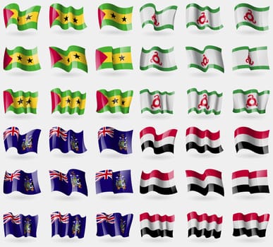 Sao Tome and Principe, Ingushetia, Georgia and Sandwich, Yemen. Set of 36 flags of the countries of the world. illustration
