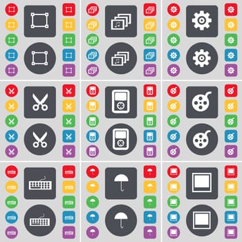 Frame, Gallery, Gear, Scissors, Player, Videotape, Keyboard, Umbrella, Window icon symbol. A large set of flat, colored buttons for your design. illustration