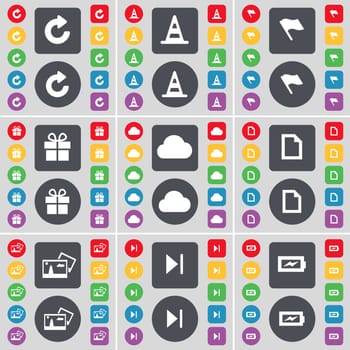 Reload, Cone, Flag, Gift, Cloud, File, Picture, Media skip, Charging icon symbol. A large set of flat, colored buttons for your design. illustration