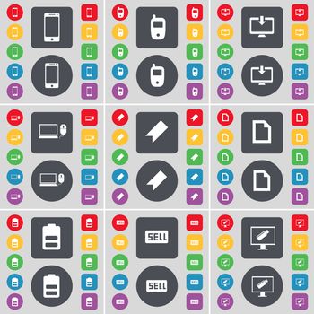 Smartphone, Mobile phone, Monitor, Laptop, Marker, File, Battery, Sell icon symbol. A large set of flat, colored buttons for your design. illustration
