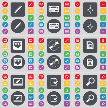 Pencil, Record-player, Compass, LAN socket, Disk, File, Laptop, Survey, Magnifying glass icon symbol. A large set of flat, colored buttons for your design. illustration