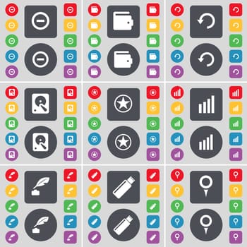Minus, Wallet, Reload, Hard drive, Star, Diagram, Inkpot, USB, Checkpoint icon symbol. A large set of flat, colored buttons for your design. illustration