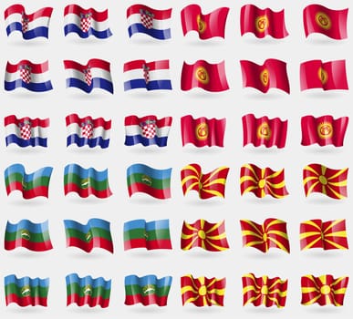 Crotia, Kyrgyzstan, KarachayCherkessia, Macedonia. Set of 36 flags of the countries of the world. illustration