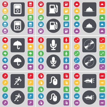 Player, Gas station, Tray, Umbrella, Microphone, DVD, Football, Mouse, Trumped icon symbol. A large set of flat, colored buttons for your design. illustration