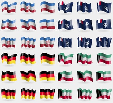 Mari El, French and Antarctic, Germany, Kuwait. Set of 36 flags of the countries of the world. illustration