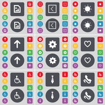 Media file, Arrow left, Light, Arrow up, Gear, Heart, Disabled person, Tie, Receiver icon symbol. A large set of flat, colored buttons for your design. illustration