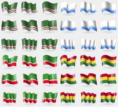 Chechen Republic of Ichkeria, Altai Republic, Chechen Republic, Bolivia. Set of 36 flags of the countries of the world. illustration