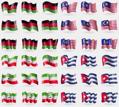 Malawi, Malaysia, Somaliland, Cuba. Set of 36 flags of the countries of the world. illustration
