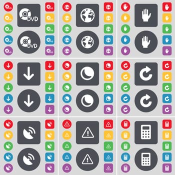 DVD, Planet, Hand, Arrow down, Moon, Reload, Satellite dish, Warning, Calculator icon symbol. A large set of flat, colored buttons for your design. illustration
