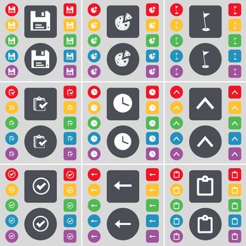 Floppy, Pizza, Golf hole, Survey, Clock, Arrow up, Tick, Arrow left, Survey icon symbol. A large set of flat, colored buttons for your design. illustration