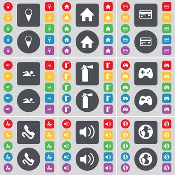 Checkpoint, House, Credit card, Swimmer, File extinguisher, Gamepad, Receiver, Sound, Planet icon symbol. A large set of flat, colored buttons for your design. illustration