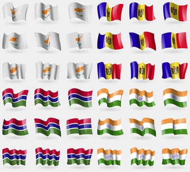 Cyprus, Moldova, Gambia, India. Set of 36 flags of the countries of the world. illustration