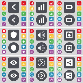 Arrow left, Diagram, Battery, Badge, Sound, Window, Vision, Arrow right, Share icon symbol. A large set of flat, colored buttons for your design. illustration