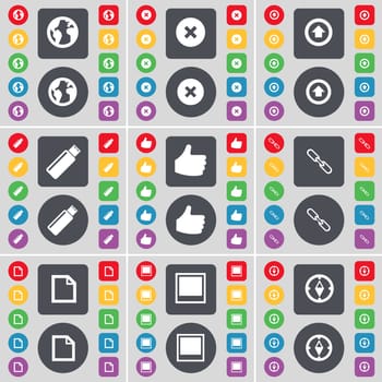 Planet, Stop, Arrow up, USB, Like, Link, File, Window, Compass icon symbol. A large set of flat, colored buttons for your design. illustration