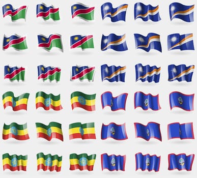 Namibia, Marshall Islands, Ethiopia, Guam. Set of 36 flags of the countries of the world. illustration