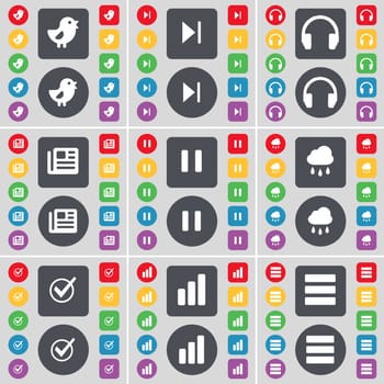 Bird, Media skip, Headphones, Newspaper, Pause, Cloud, Tick, Diagram, Apps icon symbol. A large set of flat, colored buttons for your design. illustration