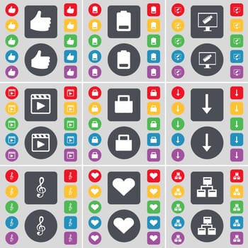 Like, Battery, Monitor, Media player, Suitcase, Arrow down, Clef, Heart, Network icon symbol. A large set of flat, colored buttons for your design. illustration