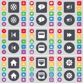Snowflake, Chat bubble, Mute, Media skip, Camera, Rewind, House, LAN socket, Gear icon symbol. A large set of flat, colored buttons for your design. illustration