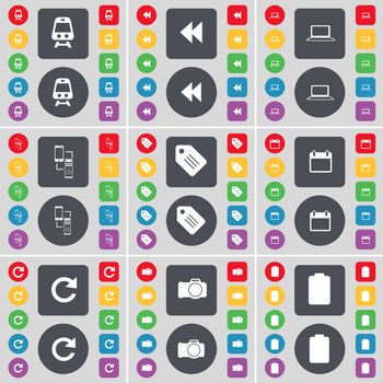Train, Rewind, Laptop, Information exchange, Tag, Calendar, Reload, Camera, Battery icon symbol. A large set of flat, colored buttons for your design. illustration