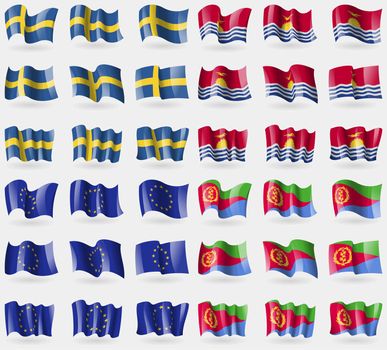 Sweden, Kiribati, European Union, Eritrea. Set of 36 flags of the countries of the world. illustration