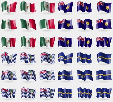 Mexico, Turks and Caicos, British Indian Ocean Territory, Nauru. Set of 36 flags of the countries of the world. illustration