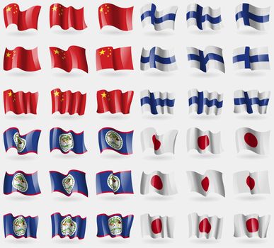 China, Finland, Belize, Japan. Set of 36 flags of the countries of the world. illustration