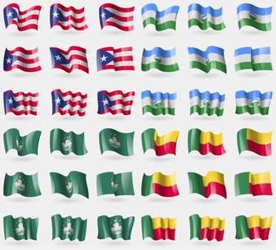 Puerto Rico, Kabardino Balkaria, Macau, Benin. Set of 36 flags of the countries of the world. illustration