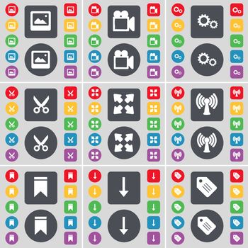 Window, Film camera, Gear, Scissors, Full screen, Wi-Fi, Marker, Arrow down, Tag icon symbol. A large set of flat, colored buttons for your design. illustration