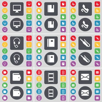 Monitor, Dictionary, Receiver, Headphones, Notebook, Microphone connector, Wallet, Negative films, Message icon symbol. A large set of flat, colored buttons for your design. illustration