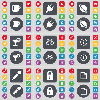 Cup, Socket, Planet, Cocktail, Bicycle, Information, Microphone, Lock, File icon symbol. A large set of flat, colored buttons for your design. illustration