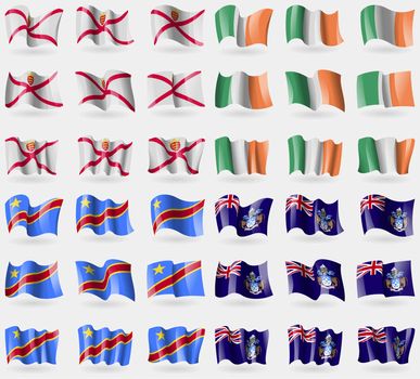 Jersey, Ireland, Congo Democratic Republic, Tristan da Cunha. Set of 36 flags of the countries of the world. illustration