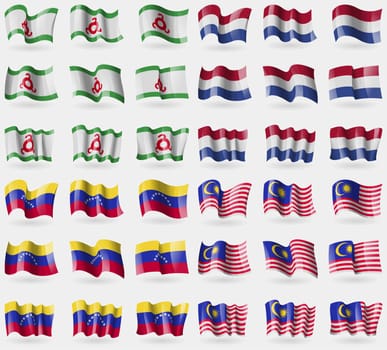Ingushetia, Netherlands, Venezuela, Malaysia. Set of 36 flags of the countries of the world. illustration