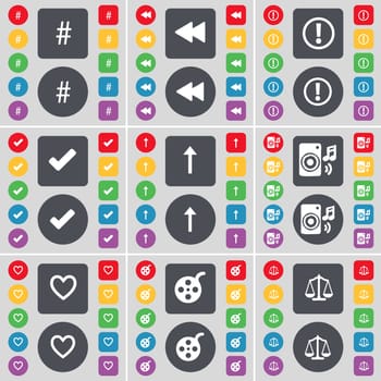 Hashtag, Rewind, Exclamation mark, Tick, Arrow up, Speaker, Heart, Videotape, Scales icon symbol. A large set of flat, colored buttons for your design. illustration