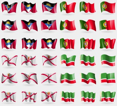 Antigua and Barbuda, Portugal, Jersey, Chechen Republic. Set of 36 flags of the countries of the world. illustration