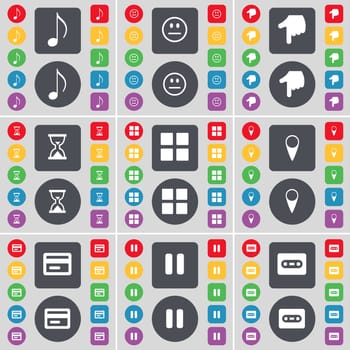 Note, Smile, Hand, Hourglass, Apps, Checkpoint, Credit card, Pause, Cassette icon symbol. A large set of flat, colored buttons for your design. illustration
